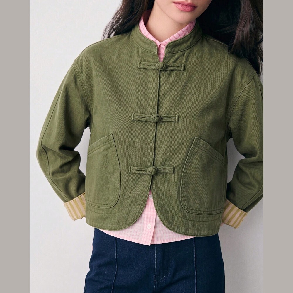 Olive Green Round Denim Jacket with Frog Button Closures - Picture 2 of 7